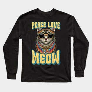 Peace Love Meow, Retro Groovy Style Hippie Cat Lover Design Long Sleeve T-Shirt